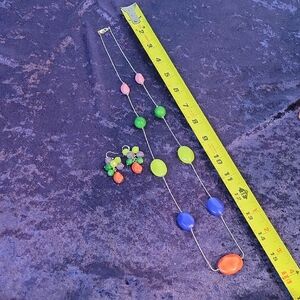 Rainbow Beaded Silver Necklace With Matching Pierced Dangle Earrings